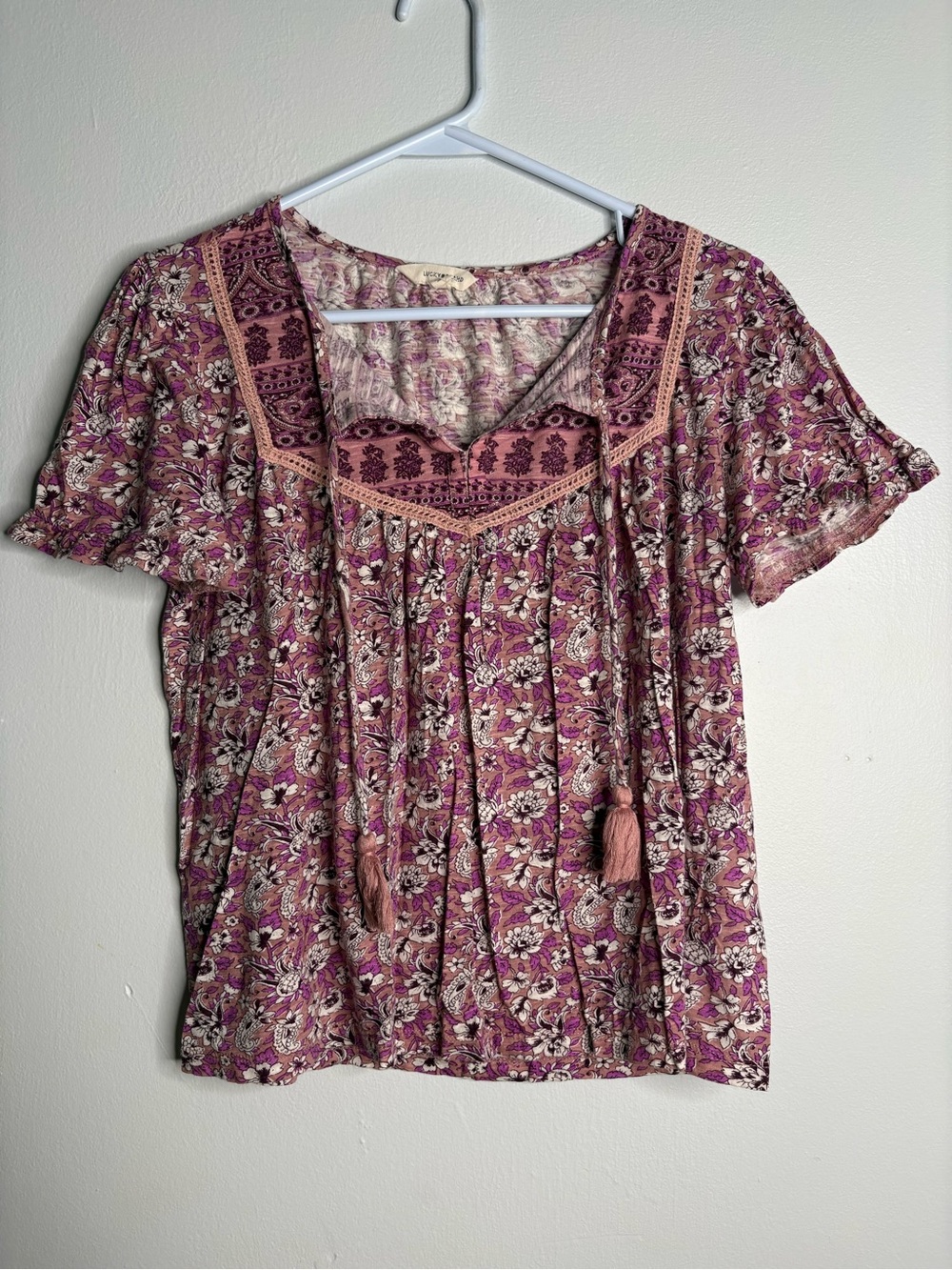 Lucky Brand Boho Floral Peasant Top in Mauve Pink Size Medium